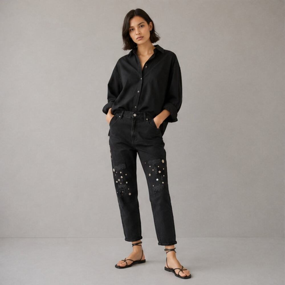 Sandro Paris Rudie Stud Jeans Womens EU40/L Black High-rise Straight Ankle